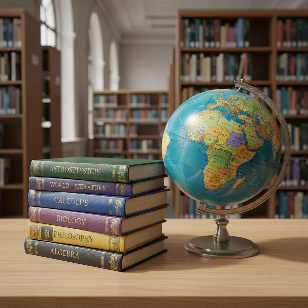 A stack of well-worn hardcover textbooks with rich, jewel-toned covers arranged on a light maple library table, each spine embossed with gold titles in science, literature, and mathematics. Beside them, a globe with detailed political boundaries and vivid blue oceans rests on a brushed metal stand, slightly tilted. Behind, tall wooden bookshelves overflow with neatly organized volumes. Diffused afternoon light filters through nearby windows, casting soft, even illumination and mild shadows that emphasize texture. Captured in photographic realism with a slightly elevated angle and shallow depth of field, the focus remains on the books and globe, creating a professional, globally-minded academic mood.