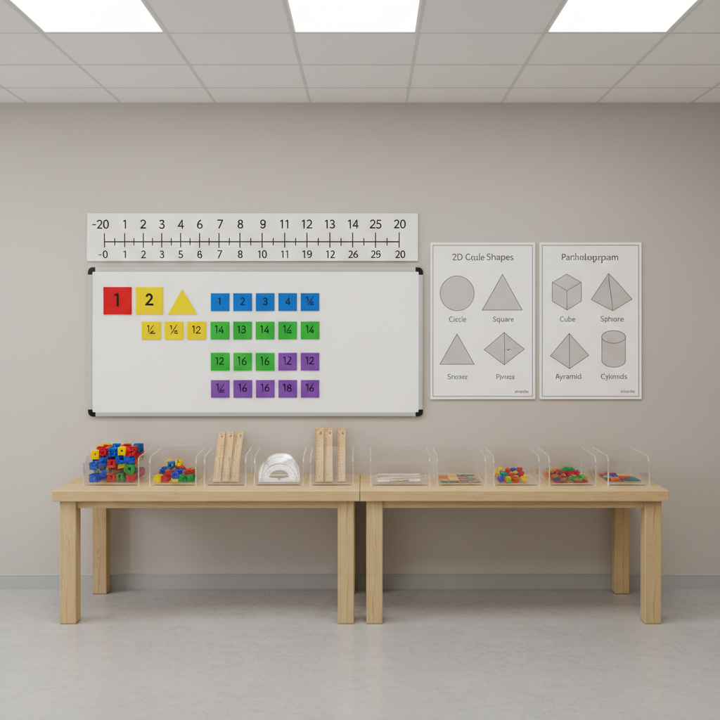 A meticulously organized math learning station featuring a large, wall-mounted number line, crisp laminated charts of geometric shapes, and a magnetic board displaying neatly arranged fraction tiles in coordinated colors. On the sturdy, light-wood table below, high-quality math manipulatives such as interlocking cubes, protractors, and rulers are carefully grouped in clear trays. The room’s pale neutral walls and light gray flooring allow the educational materials to stand out. Overhead LED panel lights provide bright, even illumination with minimal shadow, emphasizing clarity and order. Photographic realism at a straight-on angle with sharp focus throughout conveys a structured, professional, academically rigorous environment.