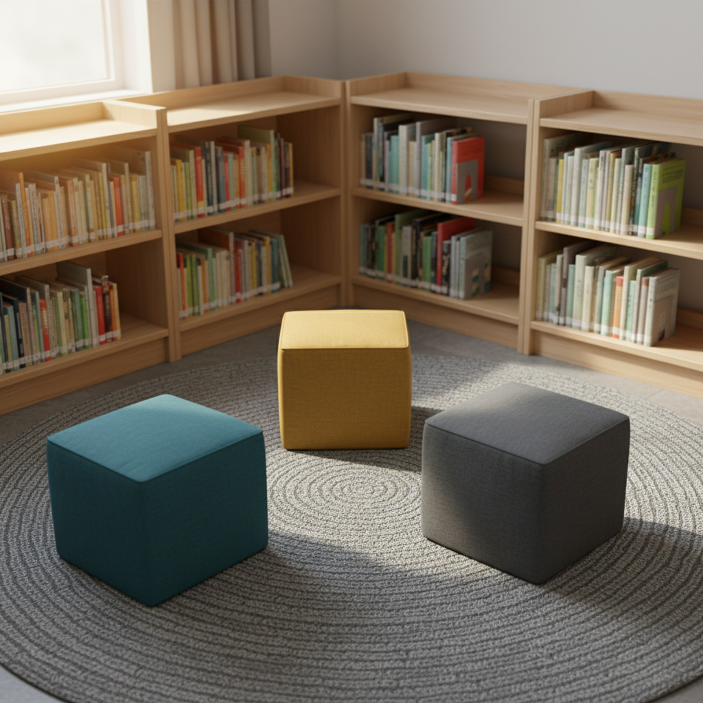 An inviting reading corner arranged with low, light-wood bookshelves filled with carefully organized children’s and young adult books, their spines displaying a harmonious mix of bright and muted colors. In the center, a circular gray rug with a subtle geometric pattern anchors a few structured, cube-shaped fabric ottomans in coordinated tones of teal, mustard, and charcoal. A large window just out of frame bathes the area in soft, natural afternoon light, creating gentle shadows under the shelves and seating. Photographic realism with a slightly elevated angle and moderate depth of field captures a calm, nurturing, academically focused atmosphere without visual clutter.