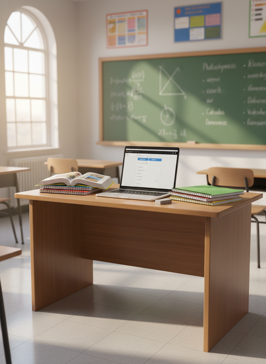 A polished wooden teacher’s desk neatly arranged with open textbooks, color-coded notebooks, and a sleek silver laptop displaying a clean school dashboard. Behind the desk, a large green chalkboard is filled with precisely written equations and vocabulary words in white chalk, with a crisp eraser resting on the tray. Soft morning sunlight streams through tall classroom windows, creating gentle highlights on the glossy book covers and faint shadows on the smooth tile floor. Photographic realism at eye level, with sharp focus on the desk and a slightly blurred background, conveying a professional, calm, and studious atmosphere ideal for a strong academic environment.