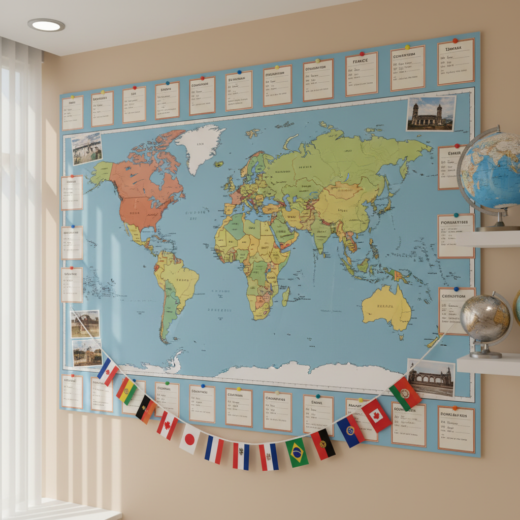 A dedicated global studies display featuring a large, detailed wall map with crisp borders and vibrant yet refined colors, surrounded by pinned postcards, miniature flags, and neatly labeled country fact cards. On a nearby floating shelf, a small collection of globe models in varying sizes and finishes—matte, gloss, and metallic—are arranged with intention. The background wall is painted a soft, neutral tone, allowing the educational visuals to command attention. Gentle, diffused natural light from an adjacent window combines with subtle ceiling lighting for even, professional illumination. Photographic realism with a mid-range eye-level composition highlights a globally connected, academically curious school environment.