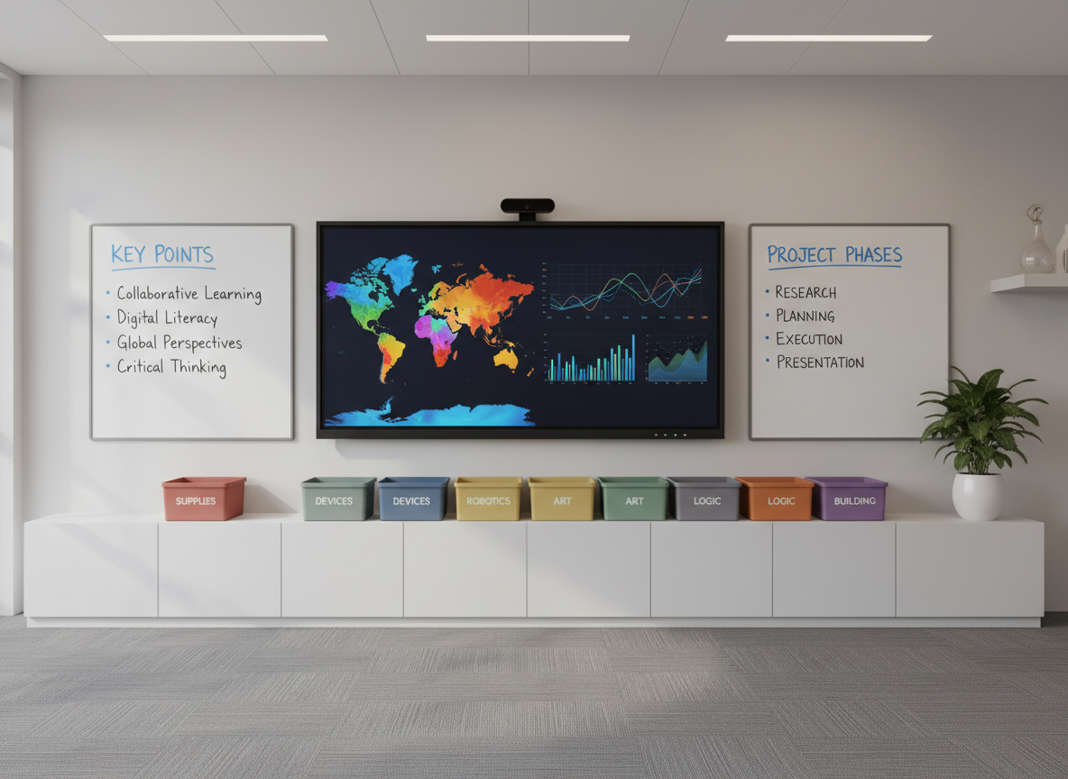 A modern classroom technology station with a large, wall-mounted interactive display showing a colorful world map and data charts, flanked by tidy whiteboards bearing neatly written key points in blue and black marker. Below, a streamlined white cabinet supports a row of labeled storage bins in muted primary colors. The floor features subtle gray carpet tiles, and a single plant in a matte white pot adds a touch of greenery atop a side shelf. Soft, indirect ceiling lighting and gentle daylight from unseen windows create an evenly lit, glare-free environment. Photographic realism at eye level with balanced composition conveys a professional, future-focused learning space.
